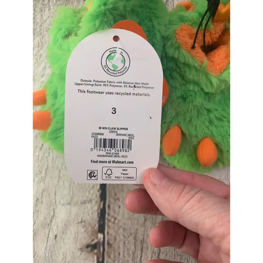 WONDER NATION Unisex Kids Green Claw Slippers / Size: 3
